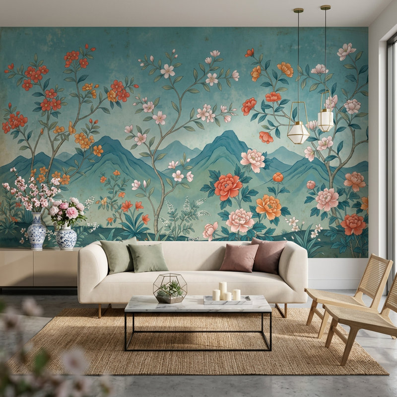 Papier peint floral paysage mural fond bleu sarcelle amovible en couches bleu sarcelle, 200 po x 120 po, Texturé non collé