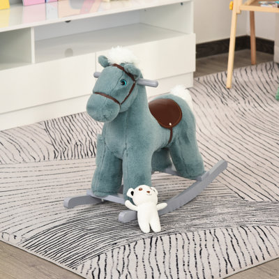 Cheval à bascule en peluche pour enfants avec ours, chaise pour enfants avec peluche douce et sons réalistes amusants, bleu