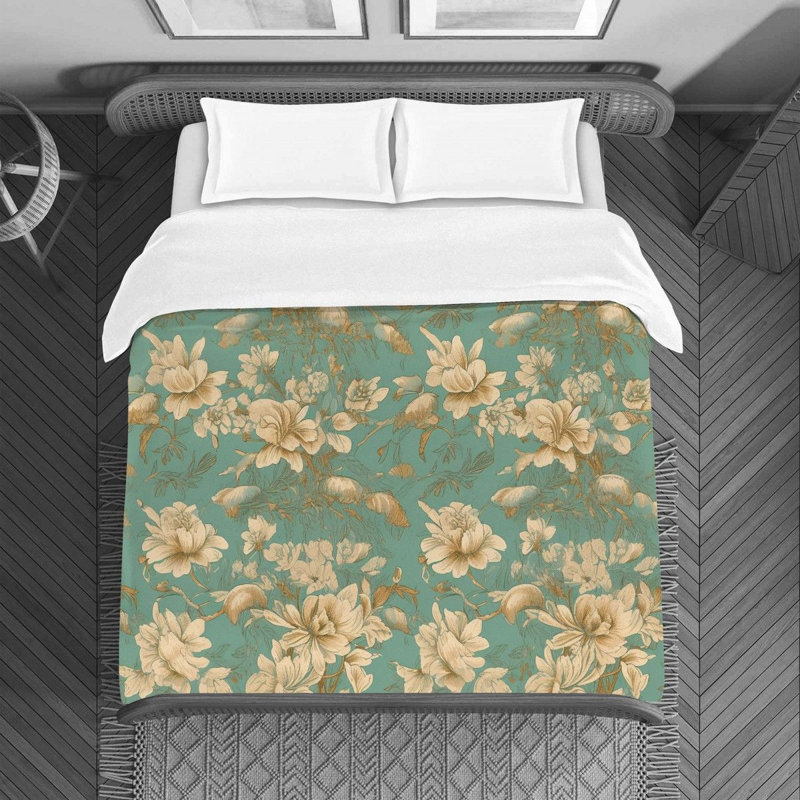 Housse de couette floral en microfibre or / vert, Housse de couette très grand