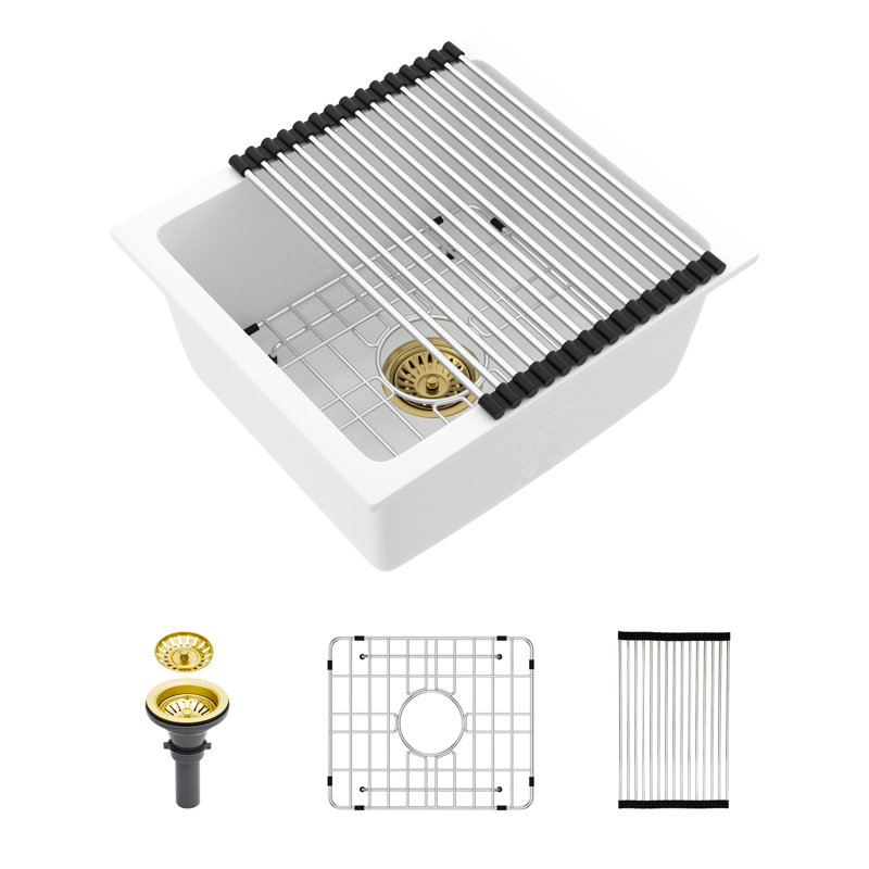 White Quartz Kitchen Sink 17.39"X15.64" - Undermount With High End Material, Quiet And Non Porous, Rounded Corners, Standard Drain, Package Grid Template Thick Smooth Composite, Operation, Comes