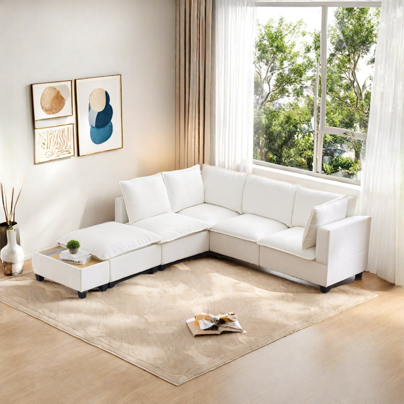 U-shaped Sectional Sofa Couch With A Movable Ottoman And A Coffee Table With Hidden Charging Devices, White