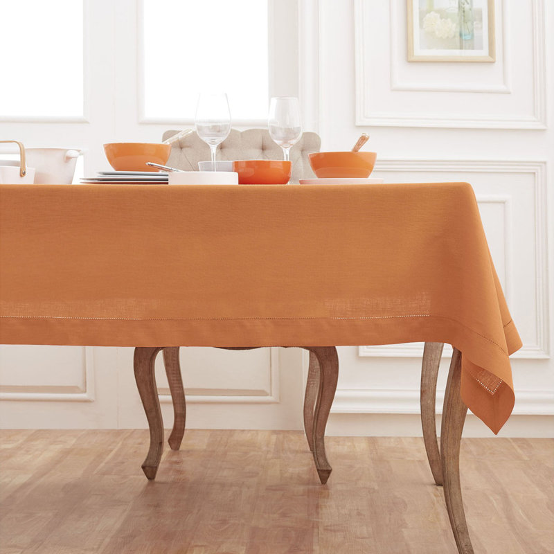 100% Pure Linen Hemstitch Table Cloth - Classic Hemstitch, Pumpkin, 90" x 60"