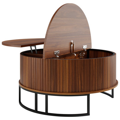 31.5" Round Coffee Table with Storage,Fluted Lift Top Center Table, Midcentury Modern Flip-top Curved Table for Living Room,Walnut