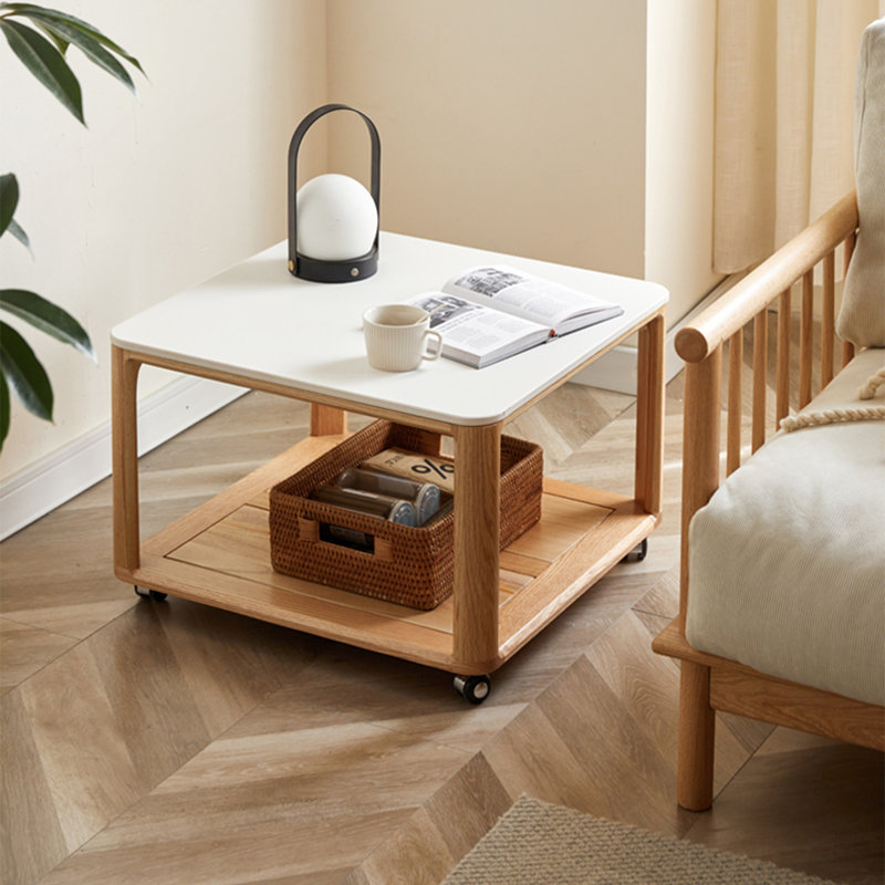 Modern Minimalist Oak Square Sintered Stone Mobile Side Table