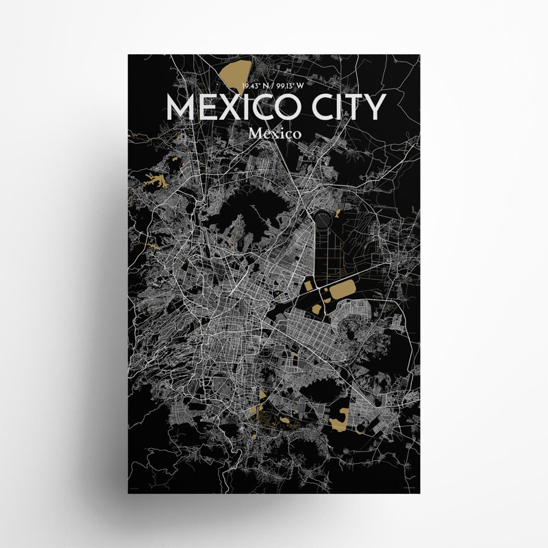 «Mexico City Map», impression, H 36 po x l 24 po, Noir et or