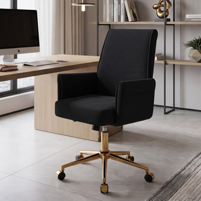 Chaise de bureau ergonomique à dossier moyen en velours côtelé avec base dorée et coussin en mousse viscoélastique