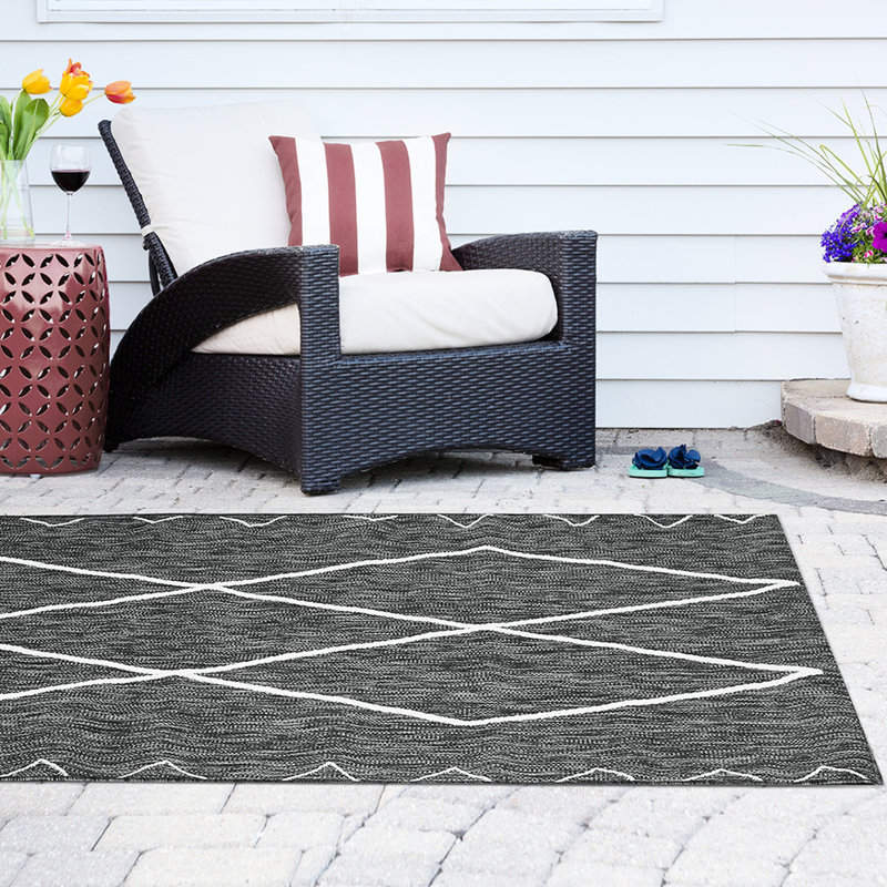 Tapis marocain d'extérieur gris, blanc, polypropylène, géométrique et teinté, 8 x 10, blanc