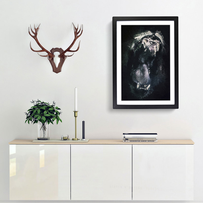 Roaring Lion in Abstract - Picture Frame Painting Print, Black Framed, 48cm H x 36cm W x 2cm D