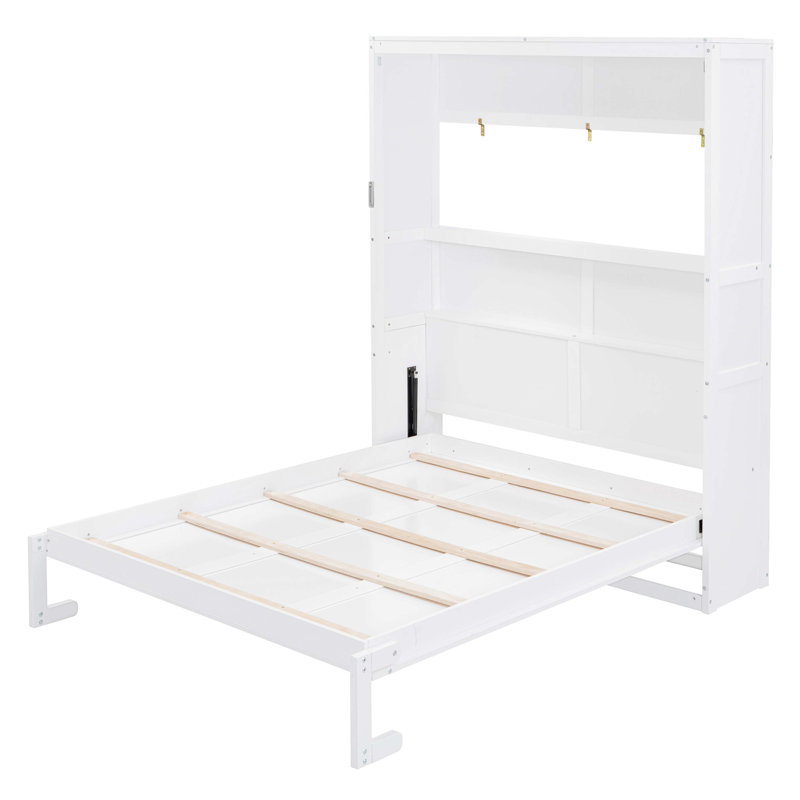 Grand lit escamotable mural avec tablettes, blanc