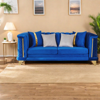 Luxury Sofas, 89 Inch Blue Velvet with Gold Steel Trim for Modern Home