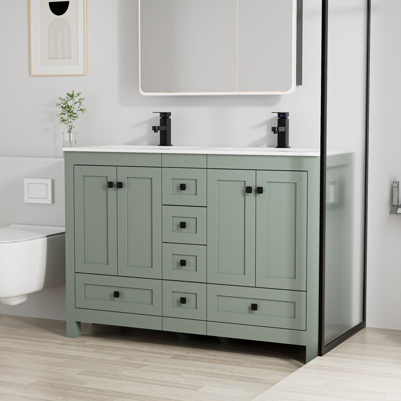 Meuble-lavabo double de 48 po avec plateau en résine Sharee, assemblage requis, charnières de porte à fermeture en douceur, certificat EPA