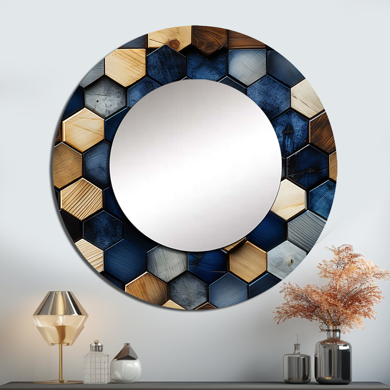 Décoration hexagonale beige et bleue symétrique - miroir rond rond moderne_MTMIR127050, 29 po x 29 po