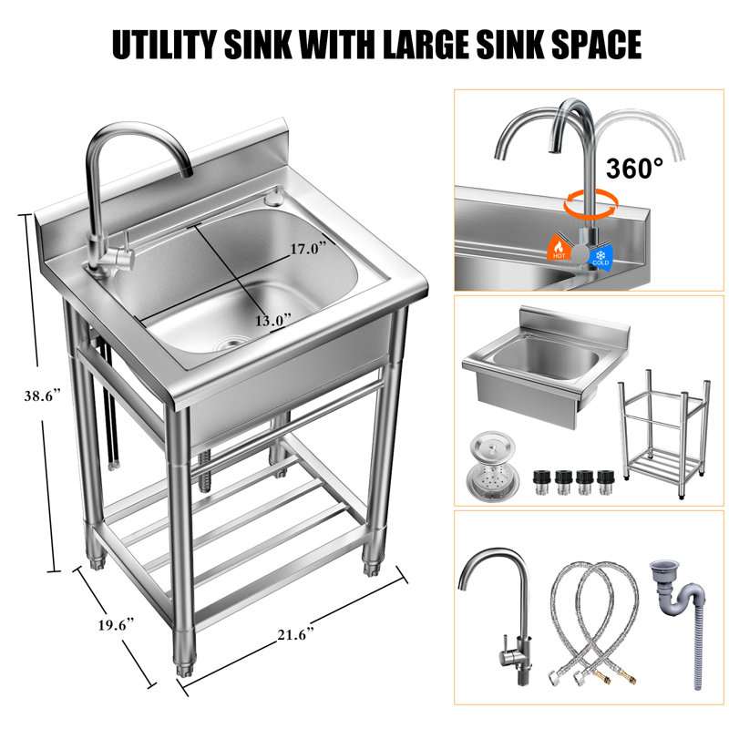 24" Single Bowl Stainless Steel Utility Sink, Freestanding Laundry Tub for Laundry room, Workshop, Garage, Farmhouse, Pet Care