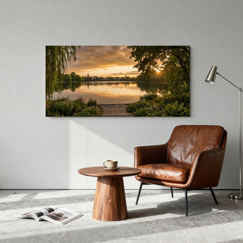 Ensemble de 1 tableau sur toile représentant un coucher de soleil sur un lac, L 32 po x H 16 po, Toile tendue