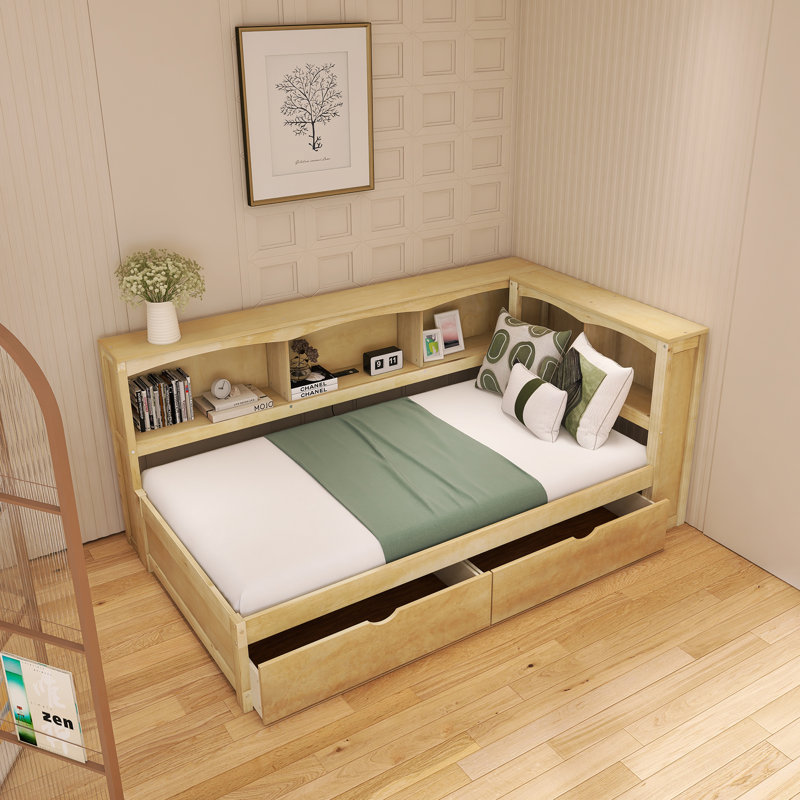 Lit de jour simple en pin massif avec deux tiroirs de rangement, cinq armoires et ports USB, Naturel