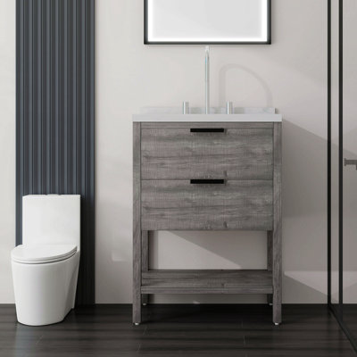 Meuble-lavabo autoportant de 24 po avec lavabo, tiroir à fermeture en douceur, comptoir et dosseret en marbre de culture blanc de 2 po Carrara