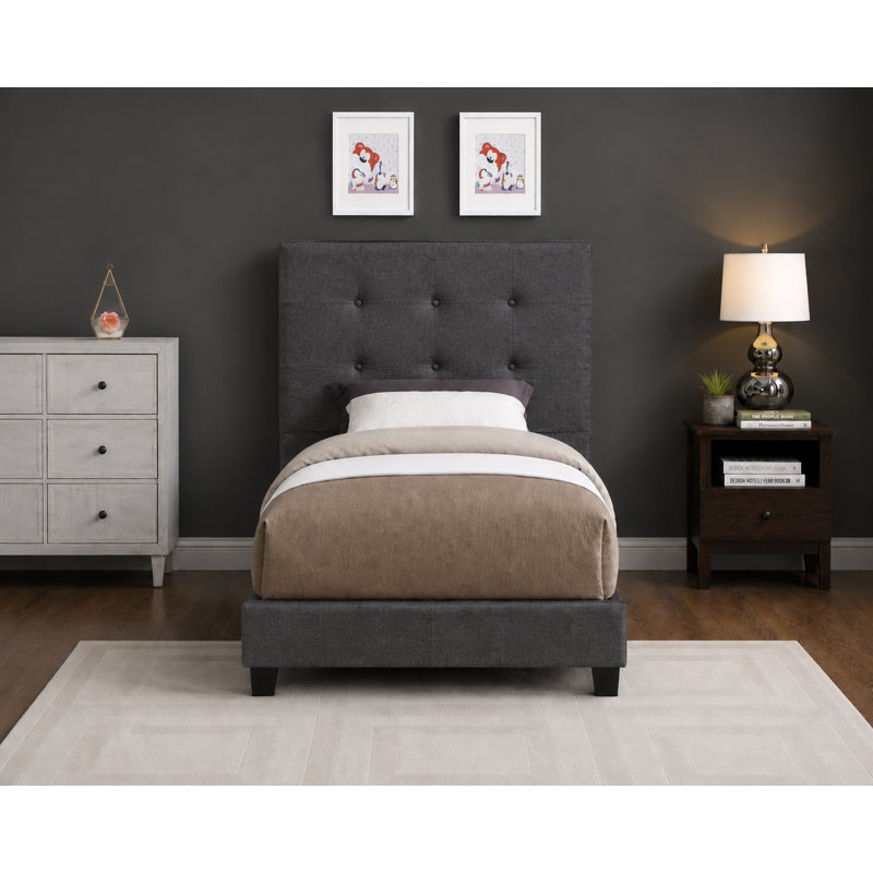 Lit plateforme tapissier réglable avec tête de lit capitonnée, base de lit moderne en lin et similicuir, gris, simple, Gris