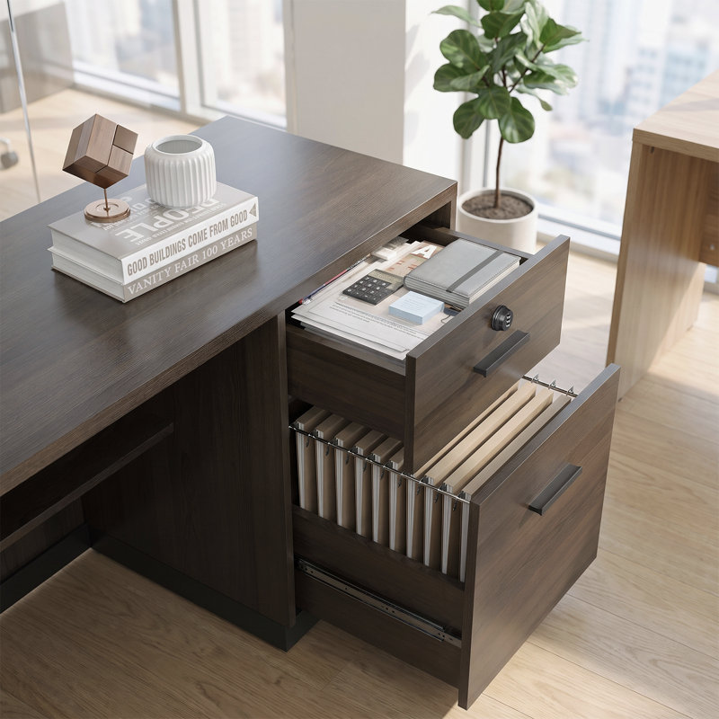 Bureau de direction électrique en L, réglable en hauteur, avec tiroirs et prises électriques intégrés, fini noyer., Left