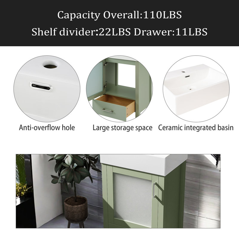 Meuble-lavabo de 20 pouces avec lavabo en céramique et beaucoup de rangement - idéal pour les petites salles de bain, Vert