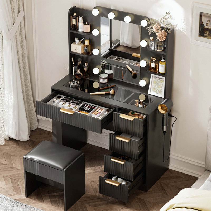 Vanity Table with LED Mirror, Charging Station, 5 Drawers and Stool, Black