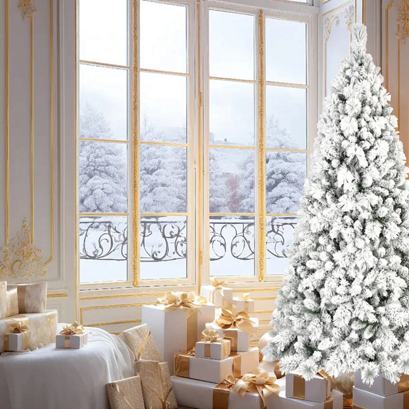 Arbre de Noël floqué avec pointes - PVC enneigé et branches à aiguilles dures, structure à charnières pour une installation facile, support en métal stable - arbre de Noël réaliste à corps entier