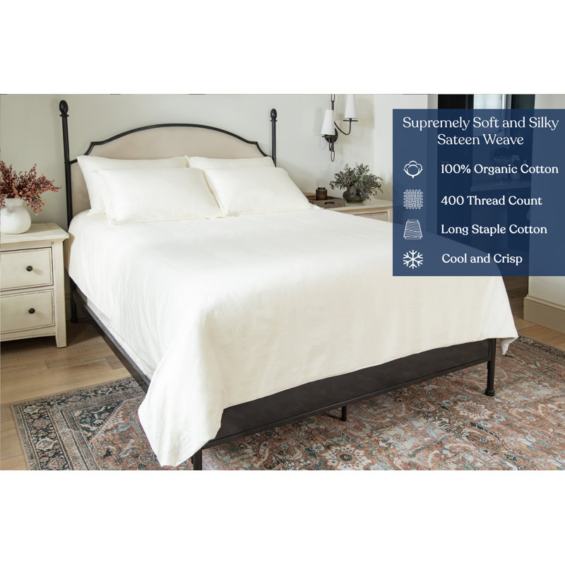 Delara GOTS Certified 100% Organic Cotton Sateen Sheet Set, 400TC Long Staple, Soft & Breathable with Deep Pocket, Ivory