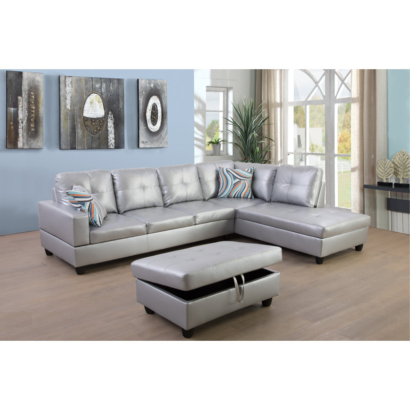 Canapé et chaise longue avec repose-pieds Beesley, Orienté à droite, Similicuir gris clair Shinning, Noir