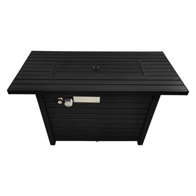24" H Steel Propane Outdoor Heating Fire Pit Table - Black, Construction, Slatted Base, Lid, Cover, Lava Rocks, Glass Beads, Adjustable Flame, Deck Usable Furniture Fireplace , Drink/Plate Rest Area,