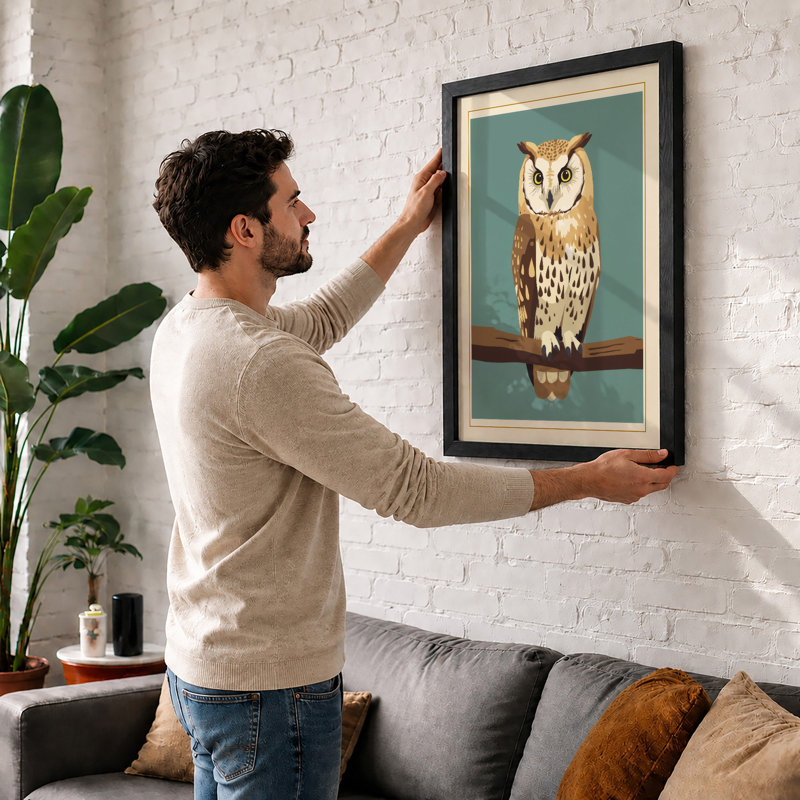 Owl On Branch Modern - Print, A1 - 84.1 x 59.4 cm, White