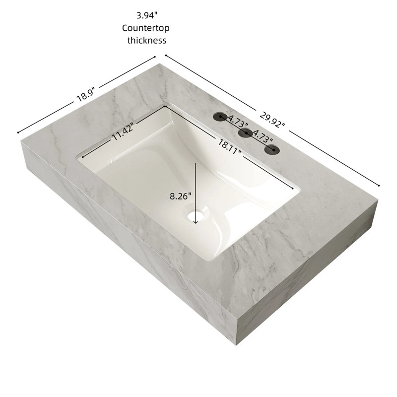 Vasque en céramique avec 3 trous prépercés pour robinetterie standard, Centerset Faucet