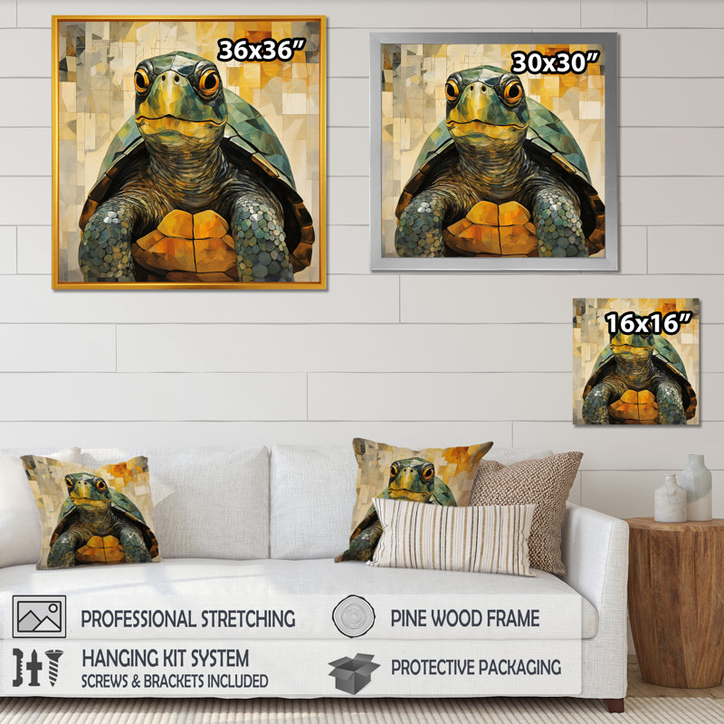 «Cubist Abstraction Of A Turtle» en vert olive sur toile, H 30 po x l 30 po x P 1 po, Cadre flottant noir
