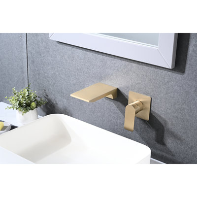 Brushed Gold Wall Mounted Bathroom Sink Faucet, Stainless Steel, Single Handle, Two Holes, Fashionable Addition Mount Waterfall Bathtub Tap, Gold, Modern Luxury