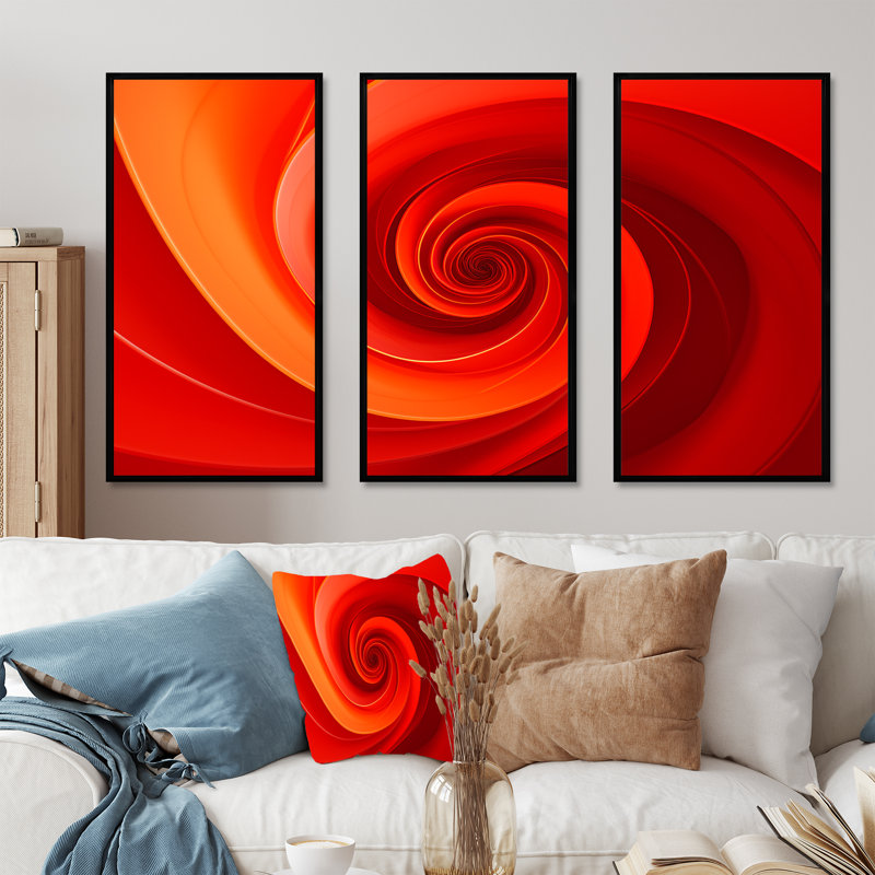 Ensemble de salon mural Red Perpetual Pulse Vortex III - Abstract Spirals, Cadre flottant noir, H 32 po x l 48 po x P 1 po