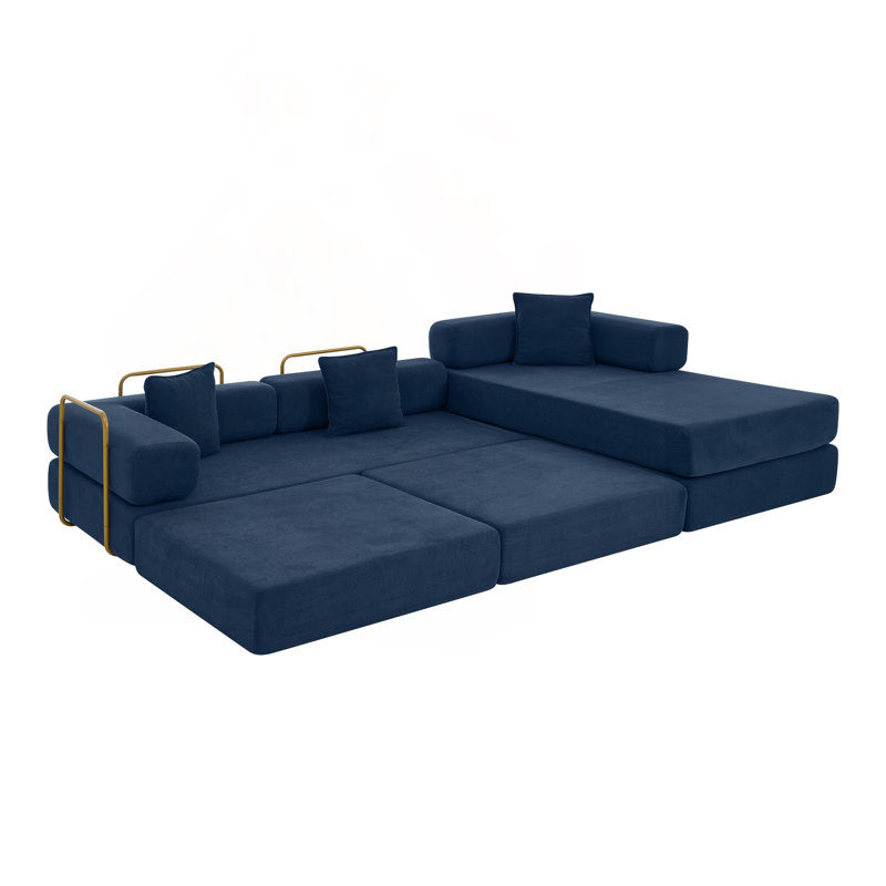 Canapé modulaire modulaire avec méridienne en L et sans assemblage, Velours côtelé bleu, Bleu