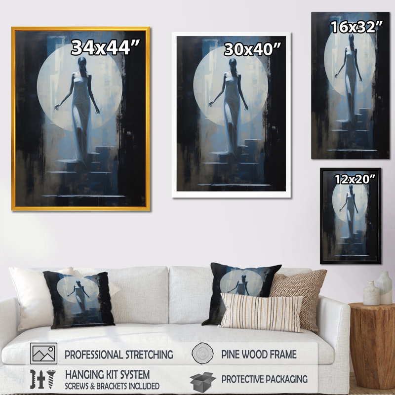Pleine lune, descente d'escalier rétro sur toile, H 20 po x l 12 po x P 1 po, Cadre flottant blanc