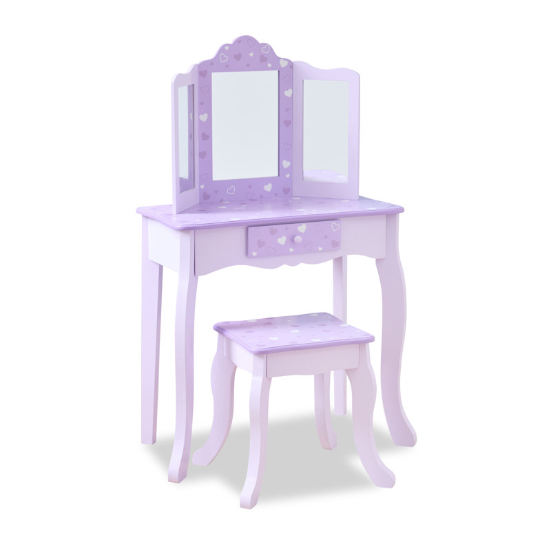 Teamson Kids Hearts Gisele Wood Vanity With Tri-fold Mirror & Drawer, Purple, Purple