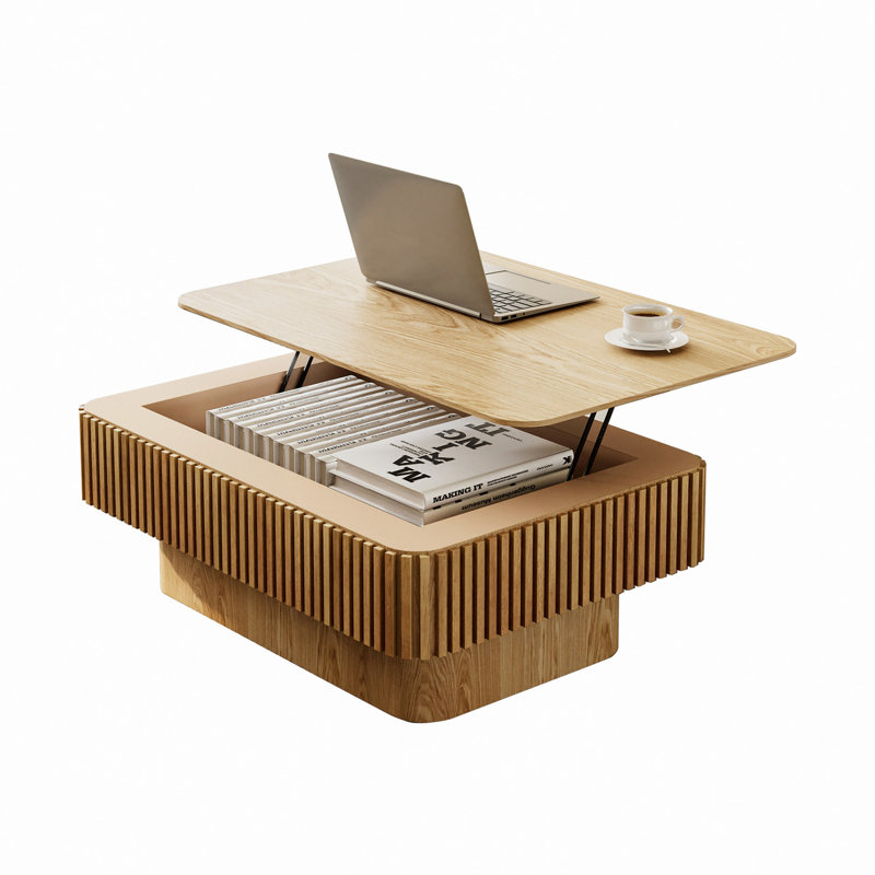 38.6'' Fluted Lift-Top Coffee Table Solid Wood Veneered Modern Coffee Table Accent Tea Table With Storage And Adjustable Height