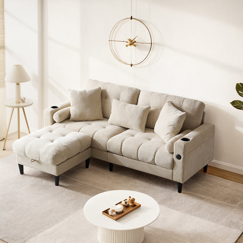 Canapé 3 places en L en chenille avec repose-pieds amovible et rangement, Tissu beige