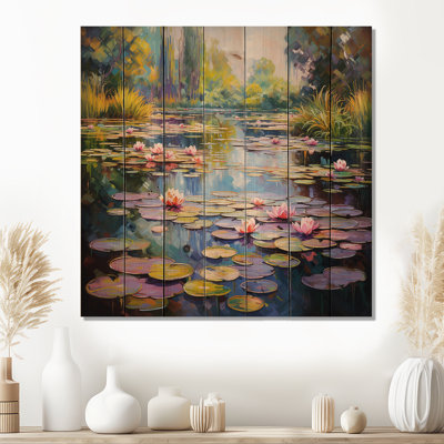 Blue And Green Monets Lake Reflections IV - Lake On Wood Print