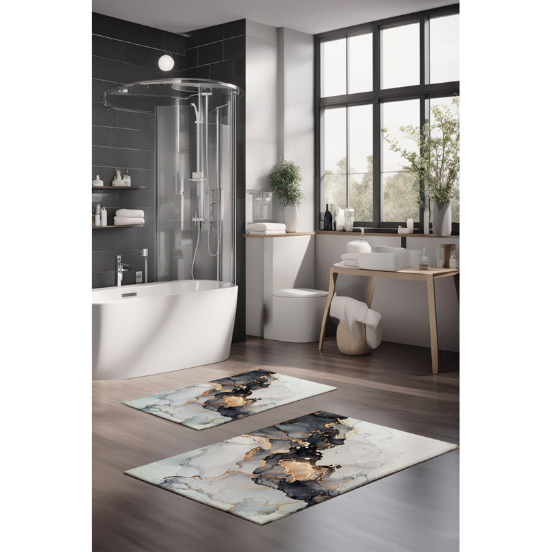 Eakly Luxury Bathmat Set (2 Pieces), 100% Polyester, 16.0 x 23.6 inches & 23.6 x 39.4 inches | Non-Slip Antibacterial Design, 0.3 in Pile Height | Machine Washable, Durable & Easy to Clean | Ideal for Bathroom Décor