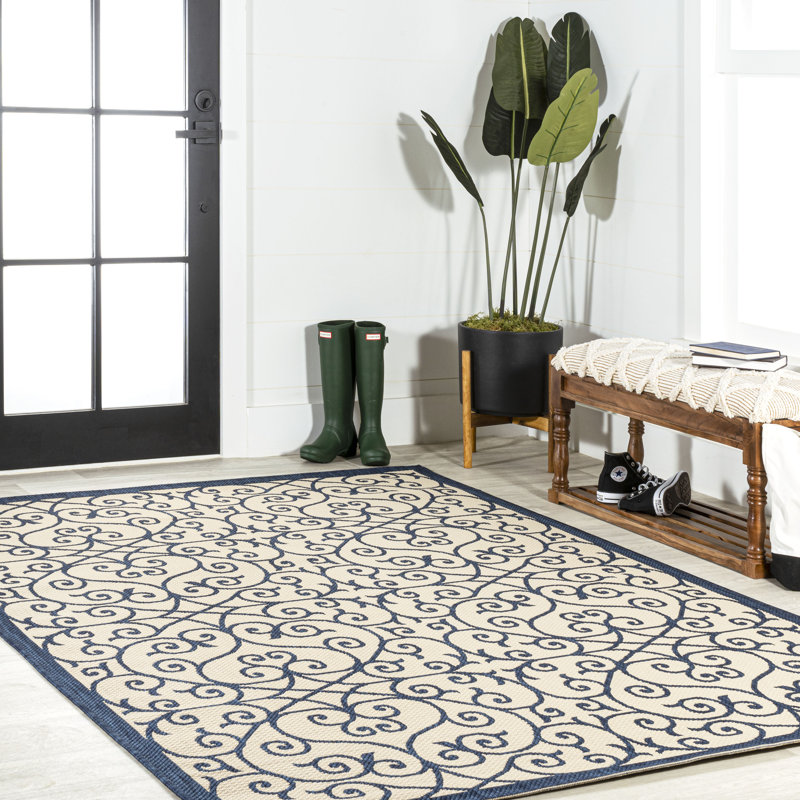 Deilani Vintage Filigree Textured Weave Navy/Beige Indoor/Outdoor Rug, Rectangle 3'1" x 5'