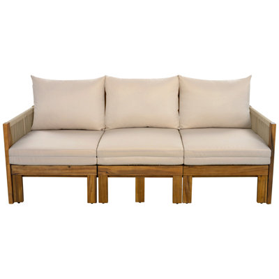 Canapé de patio droit en acacia de 73,2 pouces de large avec coussins