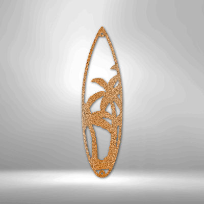 Planche de surf, palmiers, panneau en acier, découpé au laser, décoration murale pour la maison et le bureau, tailles et couleurs multiples