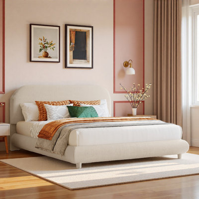 Upholstered Platform Bed With Curve-Shaped Design And Solid Frame