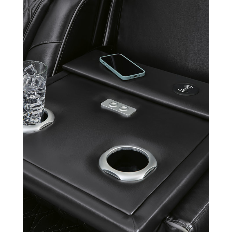 Black Leather Power Reclining Sofa with Cup Holder