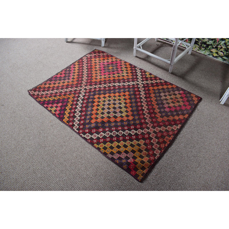 Handwoven Vintage Anatolian Kilim Rug with Geometric Designs in Authentic Wool