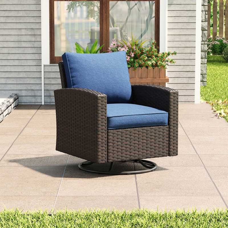 Swivel Patio Wicker Lounge Chairs with Cushions, Brown, Slate Blue