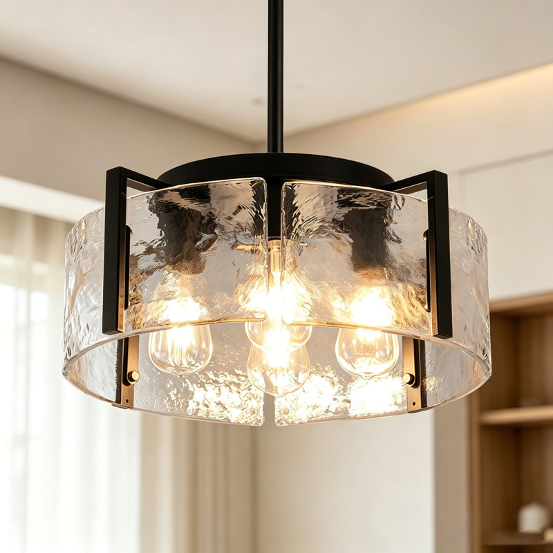 Lustre tambour 4 lumières avec abat-jour en verre texturé, Noir mat