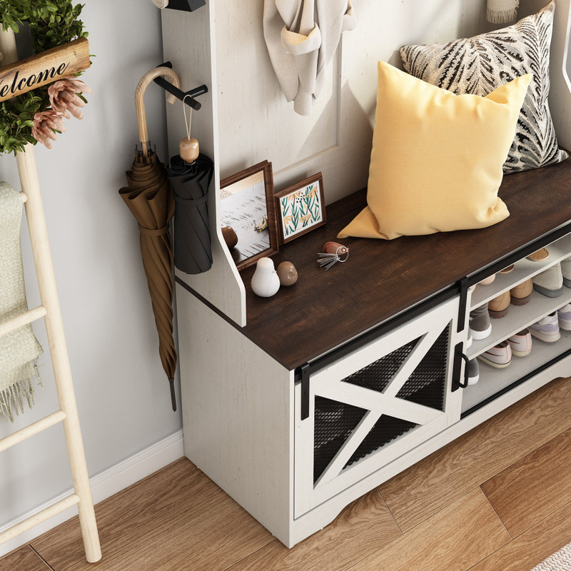 Led Farmhouse  Hall Tree 41.7'' Wide With Bench And Shoe Storage, White