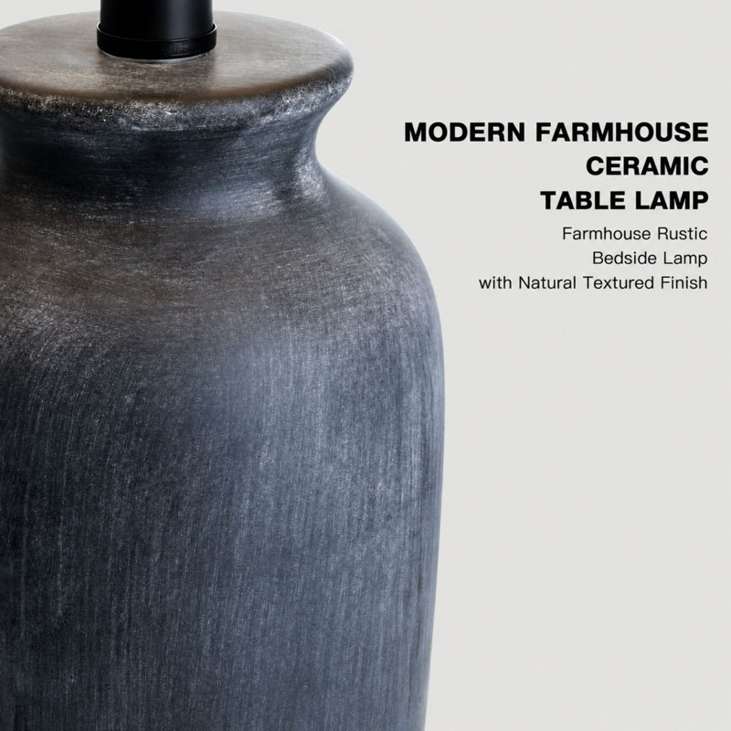 24.5" Modern Farmhouse Ceramic Table Lamps with Oatmeal Fabric Shades & LED Bulbs, Black